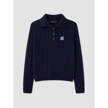 Lcw Modest Lacivert Polo Yaka Desenli Kadın Triko Kazak