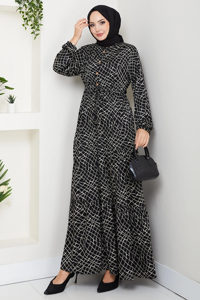 Çizgi Desen Yarım Düğmeli Elbise 1630 - Siyah Siyah