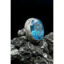 Usta İşi Erzurum Kalem İşçiliği Mavi Topaz Zirkon Taşlı Erkek Yüzük 24 Gümüş