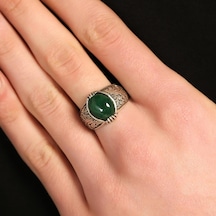 925 Ayar Gümüş Yeşil Akik Taşlı Işlemeli Erkek Yüzük
