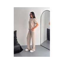 Gugus Kadın Modal Alt/üst Takım Kısa Kollu T-shirt Bol Paça Eşofman Wide Lege Model Bej
