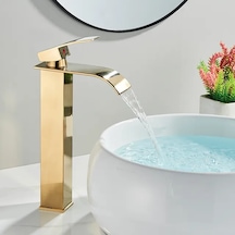 Rena Design Mat Gold Çanak Lavabo Bataryasi Oval Çikiş Yüksek Havza Model Uzun Çift Giriş Altin Musluk Banyo Mat Altın