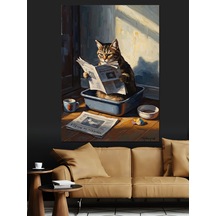 Tuvalette Gazete Okuyan Kedi Tablo Dekoratif Kanvas - Mdf Ahşap Tablo