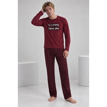 Pijamask Erkek Bordo Baskılı Uzun Kollu Kırmızı Siyah Ekose Pantolonlu Pijama Takımı Bordo