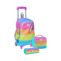 Coral High Çekçek Tekerlekli Kız Çocuk, Pembe Turuncu Renk Geçişli, İlkokul Üçlü Okul Çanta Seti Çok Renkli