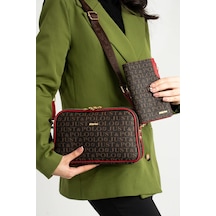 Just Polo Kadın Orta Boy Baskılı Şık Omuz Çantası Ve Cüzdanı Kombin Shopper K232053mh Kahverengi - Kırmızı