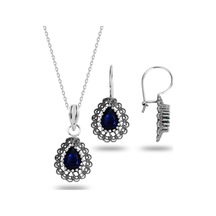 Gümüş Safir Taşlı Oksitli Telkari İşlemeli Damla Kolye Ve Küpe İkili Set Barcode Beyaz