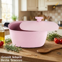 28 Cm Granit Köşeli Derin Tencere Alüminyum Kapak - Pembe Pembe