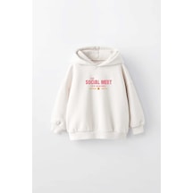 Kız Çocuk Socıal Meet Baskılı Kapüşonlu Manşetli Sweatshirt Krem