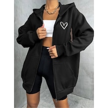 Altamira Unisex Gri Kalp Baskılı Ince Mevsimlik Kapşonlu Oversize Hırka 001