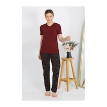 İkikareshop Kadın Kısa Kol Pamuk Penye Pijama Takım Bordo Çok Renkli