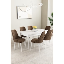 Mabel Beyaz Desen 80x132 Mdf Açılabilir Mutfak Masası Takımı 6 Adet Sandalye Kahverengi