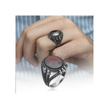 Oval Kırmızı Taşlı 925 Gümüş Erkek Yüzük
