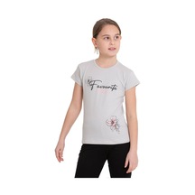Gri Favorite Baskılı Bisiklet Yaka 5-12 Yaş Tişört 2036-1 Gri