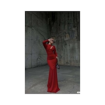 DefyModa Kadın Simli Kumaş Degaje Yaka Dekolteli Maxi Abiye Elbise Kırmızı