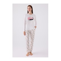 Arnetta Kedi Baskılı Yuvarlak Yakalı Pamuk Pijama Takımı Krem