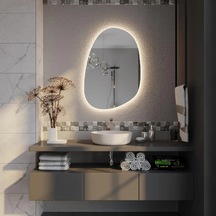 70x101 Cm Asimetrik Oval Led Banyo Aynası Dokunmatik Dim Edilebilir, 3000k Günışığı Sarı