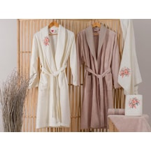 Cotton Box Nakışlı 3D Bamboo Aile Bornoz Seti Lenora Ekru Cappuci (543741874)