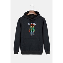 Unisex Antrasit Kapüşonlu Cool Ayıcık Baskılı Slim Fit Kanguru Cepli Sweatshirt Antrasit