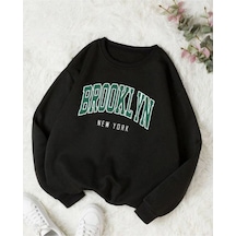 Brooklyn New York Sweatshirt - Siyah Baskılı Oversize Kalın Kışlık Bisiklet Yaka Siyah
