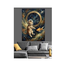 Uzayda Balık Kovalayan Astronot Kedi Yağlı Boya Dokulu Kanvas Tablo Canvas Tablosu