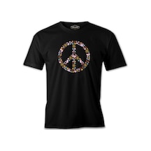 Floral Butterfly Birds Peace Symbol Siyah Erkek Tshirt 001