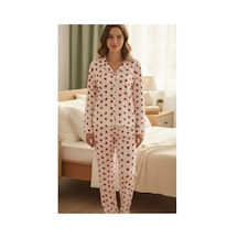 Kadın Boydan Düğmeli Kalpli 2'li Pijama Takım Beyaz Kırmızı