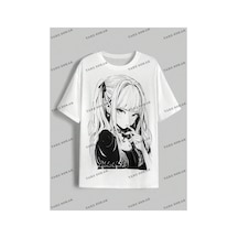 Tarzsokak Unisex Bay Anime Sevimli Anime Kız Baskı Casual Kadın Gevşek Kısa Kollu Tişört Kod-1308 Beyaz