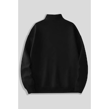 Siyah Fermuarlı Dikyaka Sweatshirt- Minik Kedi - Kışık Şardonlu Kumaş Siyah