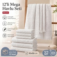 30x50 Cm 12'li Pamuklu Mutfak Havlusu Seti Yumuşak Emici Kurulama Bezi & El Havlusu Günlük Kullanım Premium Kalite Beyaz