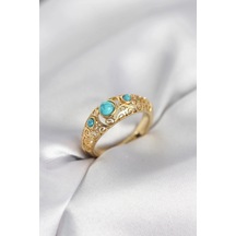 Mey İthalat Vintage Model Mavi Taşlı Gold Renk Kadın Yüzük Çok Renkli