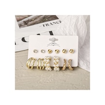Luxe Akrilik Ve Incili Altın Gold Halka Çoklu Küpe Seti Sütlü Kahve Tavşan