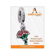 Açık Kırmızı Çiçiek Buketli Sallantılı Charm Gümüş