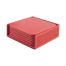 Bardak Altlığı,6 Lı Set,masaüstü Kare Cup Coaster,vegan Suni Deri,11x11 Cm.,kırmızı