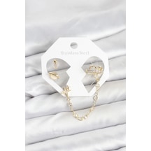 Mey İthalat Pirinç Gold Renk Uzay Model Zincir Bağlantılı Ear Cuff Küpe Seti çok renkli