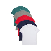 Tudors Erkek Slim Fit %100 Pamuk Yumuşak Doku 5'li Lacivert-beyaz-kırmızı-taş-mavi Düz Polo Yaka Tişört-34485 Multi