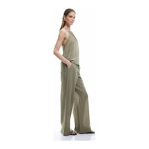 Koton Dökümlü Keten Karışımlı Bol Paça Müslin Pantolon Haki 5sak40089ew Haki