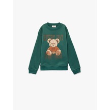 Koton Üç İplik Ayıcık Baskılı Uzun Kollu Bisiklet Yaka Sweatshirt Yeşil 6wkg10380ak
