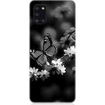 Samsung Galaxy A31 Uyumlu Siyah Beyaz Kelebek Ve Çiçek Desenli Silikon Kılıf