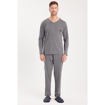 Tudors Erkek Standart Fit %100 Pamuk V Yaka Beli Lastikli Gri Pijama Takımı-37938 Gri