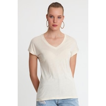 Kadın Bambu Kumaş V Yaka T-shirt Bej