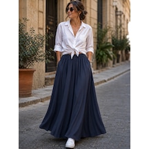 Seldağ Moda Gabardin Gizli Cepli Düz Lacivert Renk Beli Lastikli 95 Cm Boy Maxi Kloş Etek