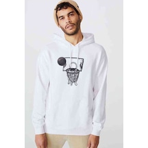 Basketbol Top Pota Baskılı Beyaz Erkek Kapşonlu Sweatshirt