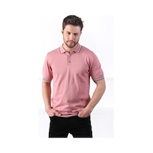 Ferraro Gül/Beyaz Yaka Şerit Düğmeli Erkek Pamuk Triko T-Shirt