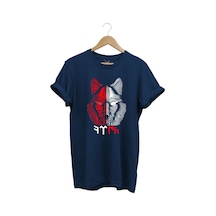 Türkiye Bozkurt Göktürkçe Türk Yazısı Ve Kurt Baskılı Kırmızı Beyaz %100 Pamuk Regular Fit T-shirt Lacivert