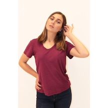 Rich Kadın Organik V Yaka T-shirt %100 Pamuk Tişört Bordo