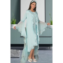 Mecit Pijama By Mecit 5026 Turkuaz Tül Detaylı Sabahlıklı Lohusa Gecelik Takım