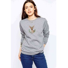 Watercolor Deer Baskılı Gri Kadın Sweatshirt (528251021)