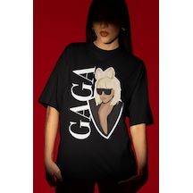 Sevbano Tasarım Lady Gaga Şarkıcı Baskılı Unisex Oversize Tişört Siyah
