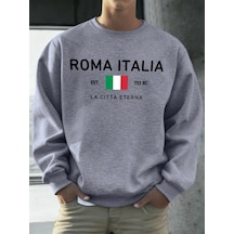 Startmore Tarzsokak Roma Italia Est.753 Baskılı Kazak Erkekler Bisiklet Yaka Polar Giyim Gevşek Sonbahar Kazaklar Gri